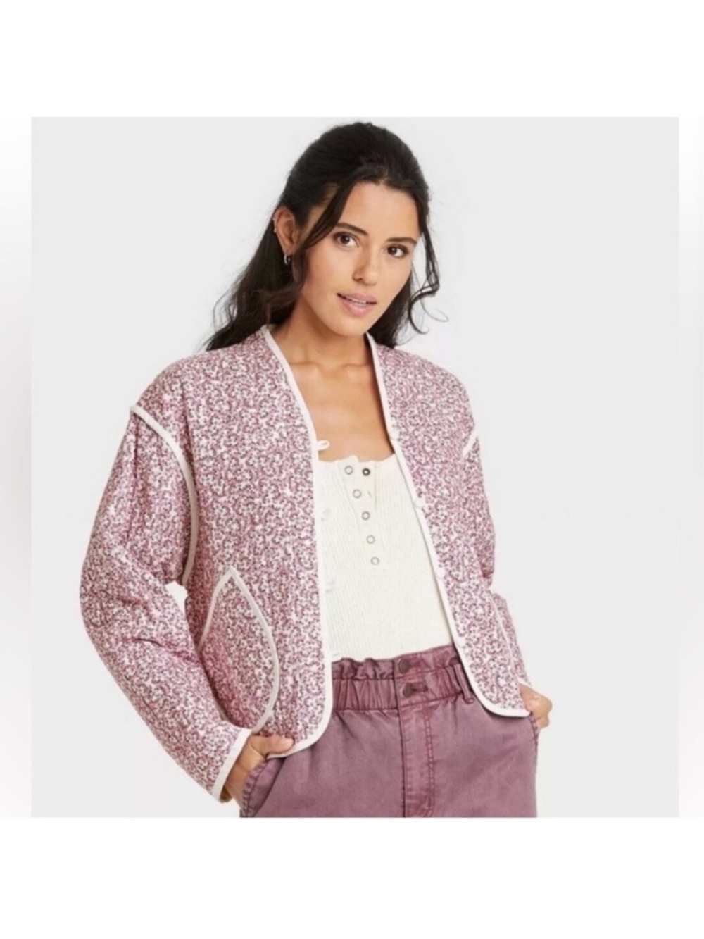 Universal Thread Pink Floral Teddy Jacket with Contrast Trim